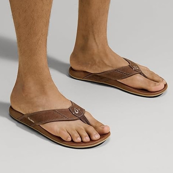 OluKai Men's 10 Rum Brown Nui Leather Beach Slide Sandals Casual Summer LF9 - Picture 1 of 5
